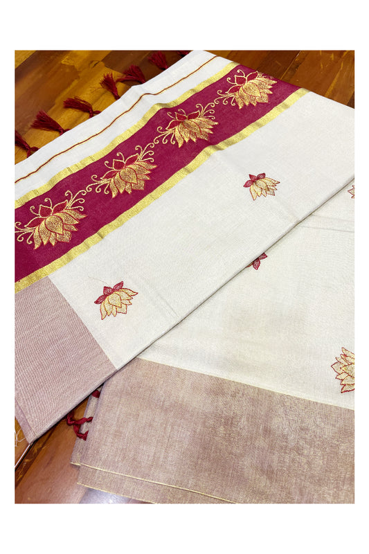 Southloom Kerala Tissue Kasavu Saree with Maroon And Golden Lotus Embroidary Designs on Body