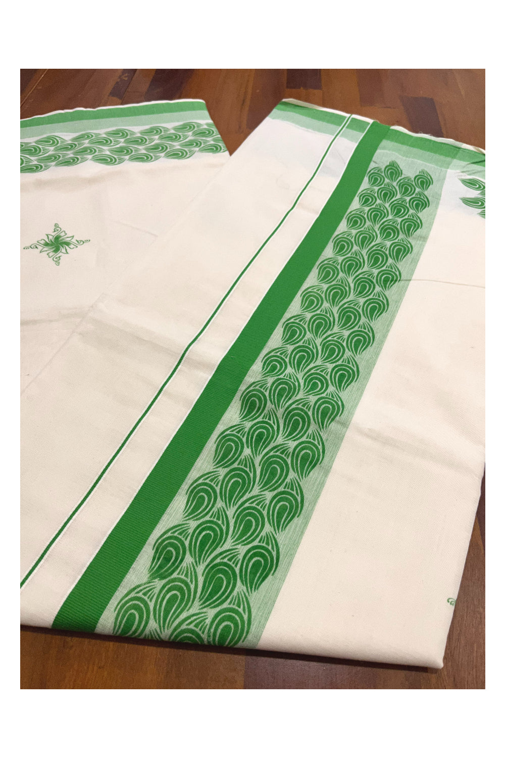 Pure Cotton Off White Kerala Saree with Light Green Block Printed Border (Onam Saree 2023)