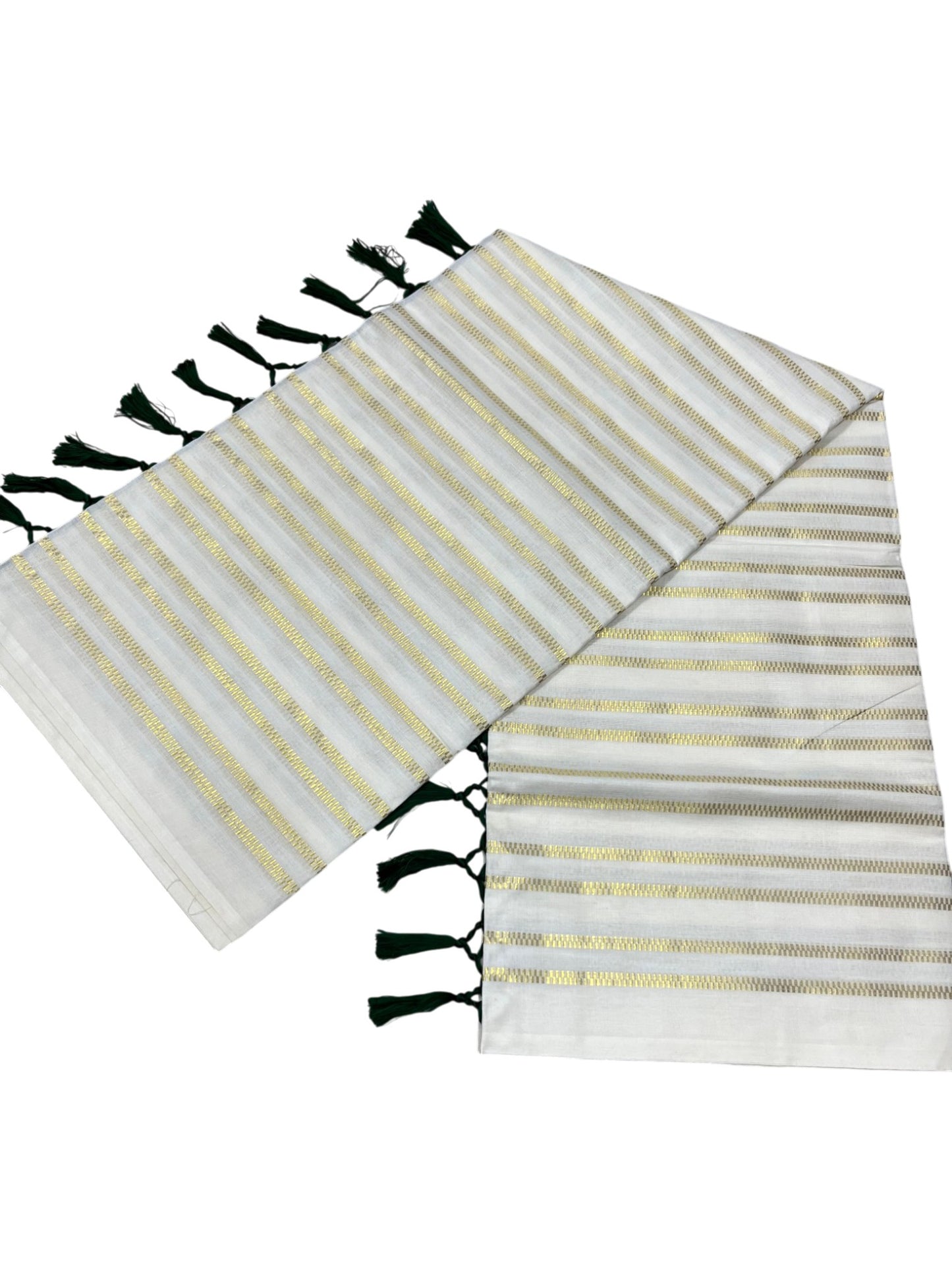 Southloom Cotton Kerala Kasavu Saree with Stripes on Body and Green Tussels