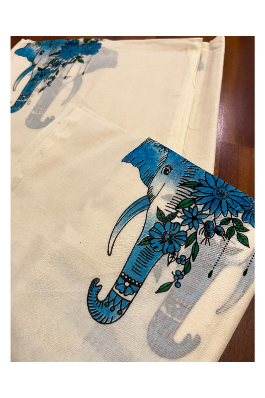 Cotton Kerala Single Set Mundu with Blue Elephant Art Block Prints