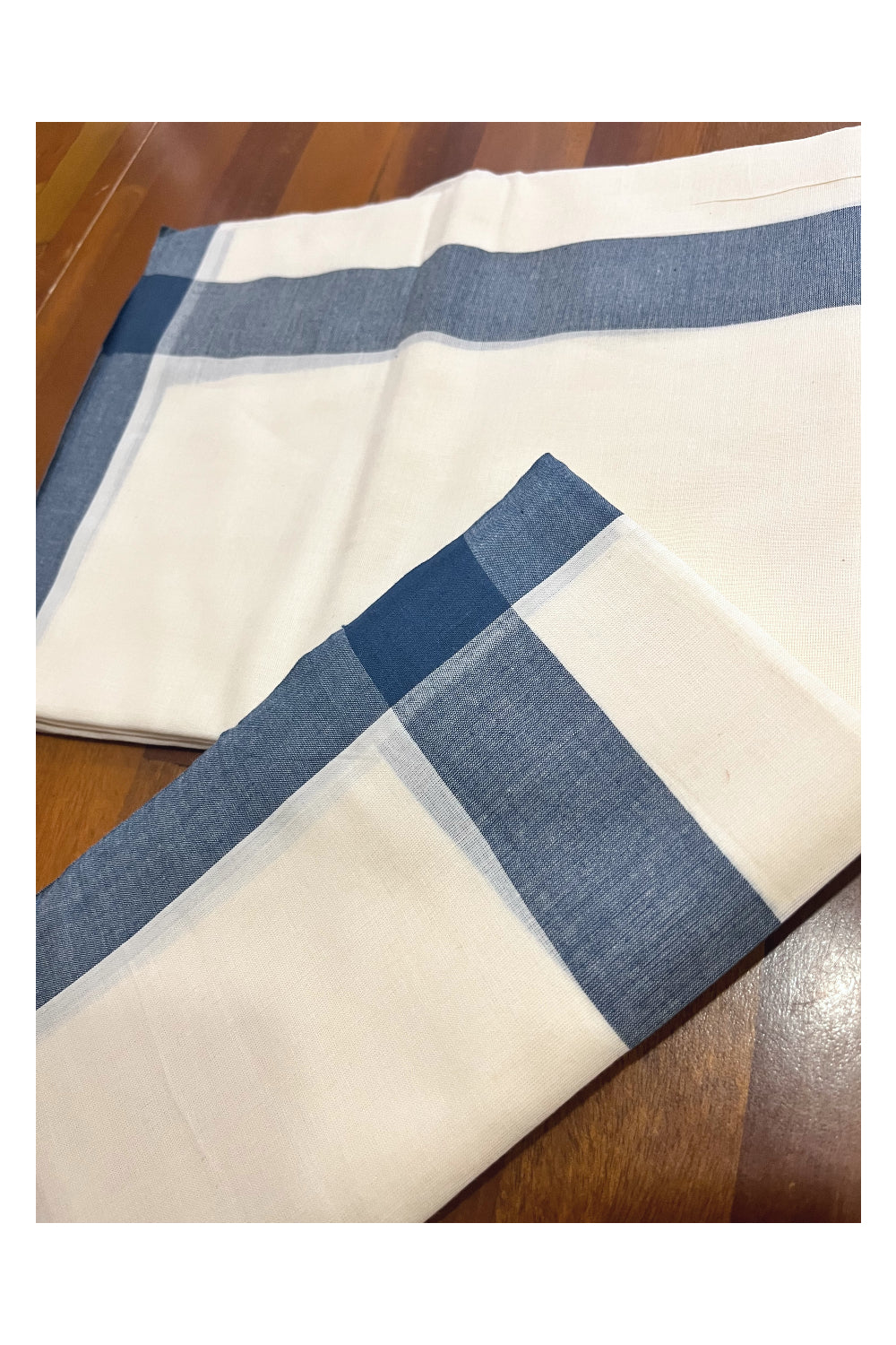 Kerala Mulloth Cotton Single Mundum Neriyathum with Bluish Grey Border (Extra Soft Cotton)