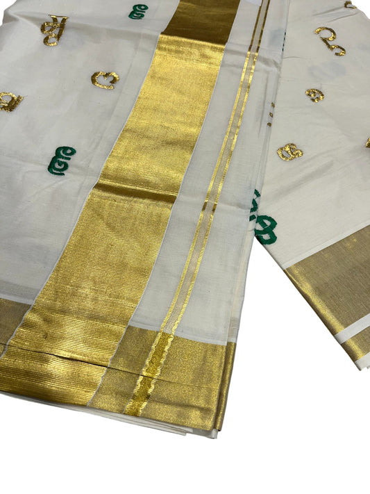 Southloom Kerala Cotton Kasavu Saree with Gold and Green Malayalam Aksharamala Embroidery Work on Body