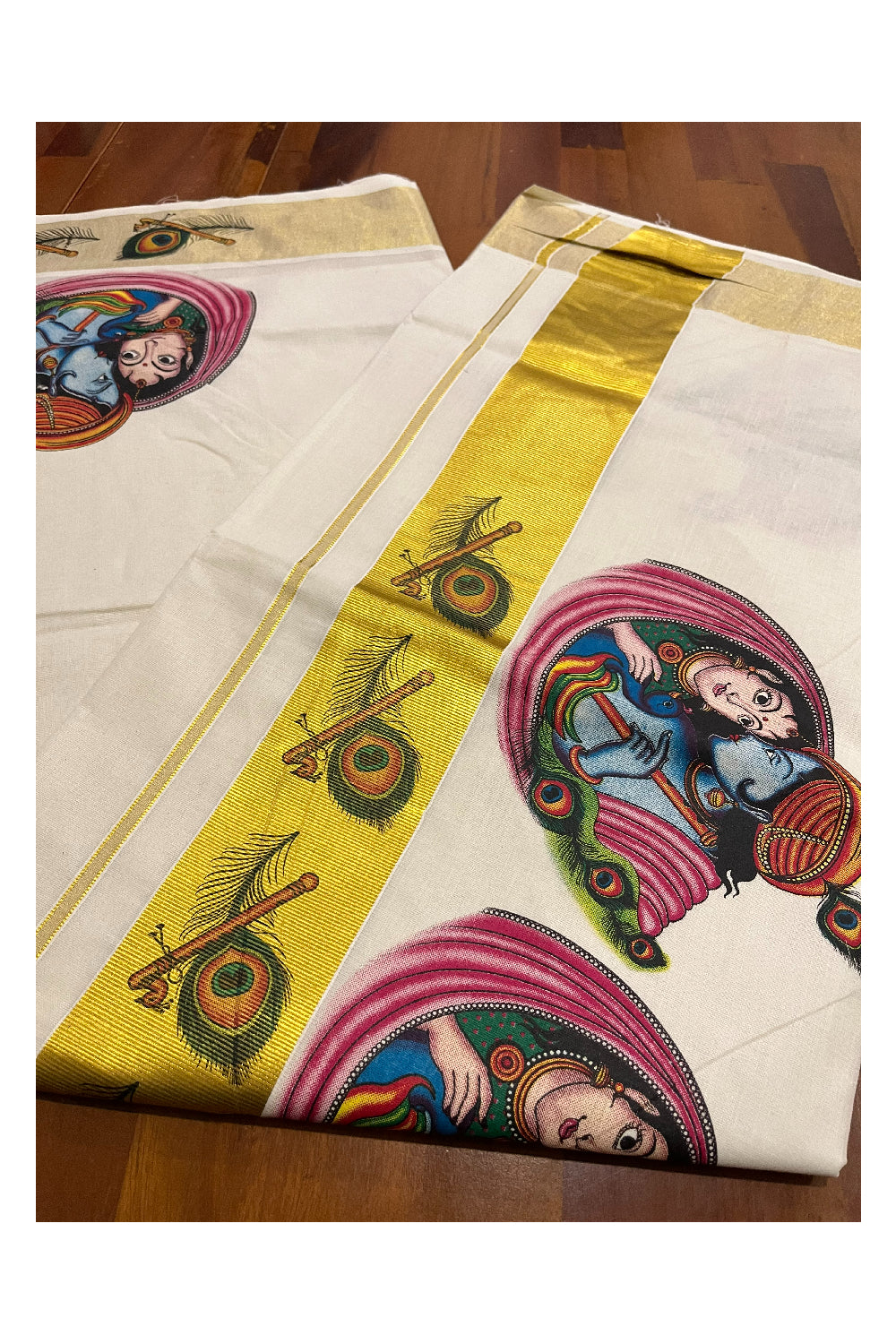 Pure Cotton Kerala Kasavu Saree with Krishna Radha Mural Printed Design (Onam Saree 2023)