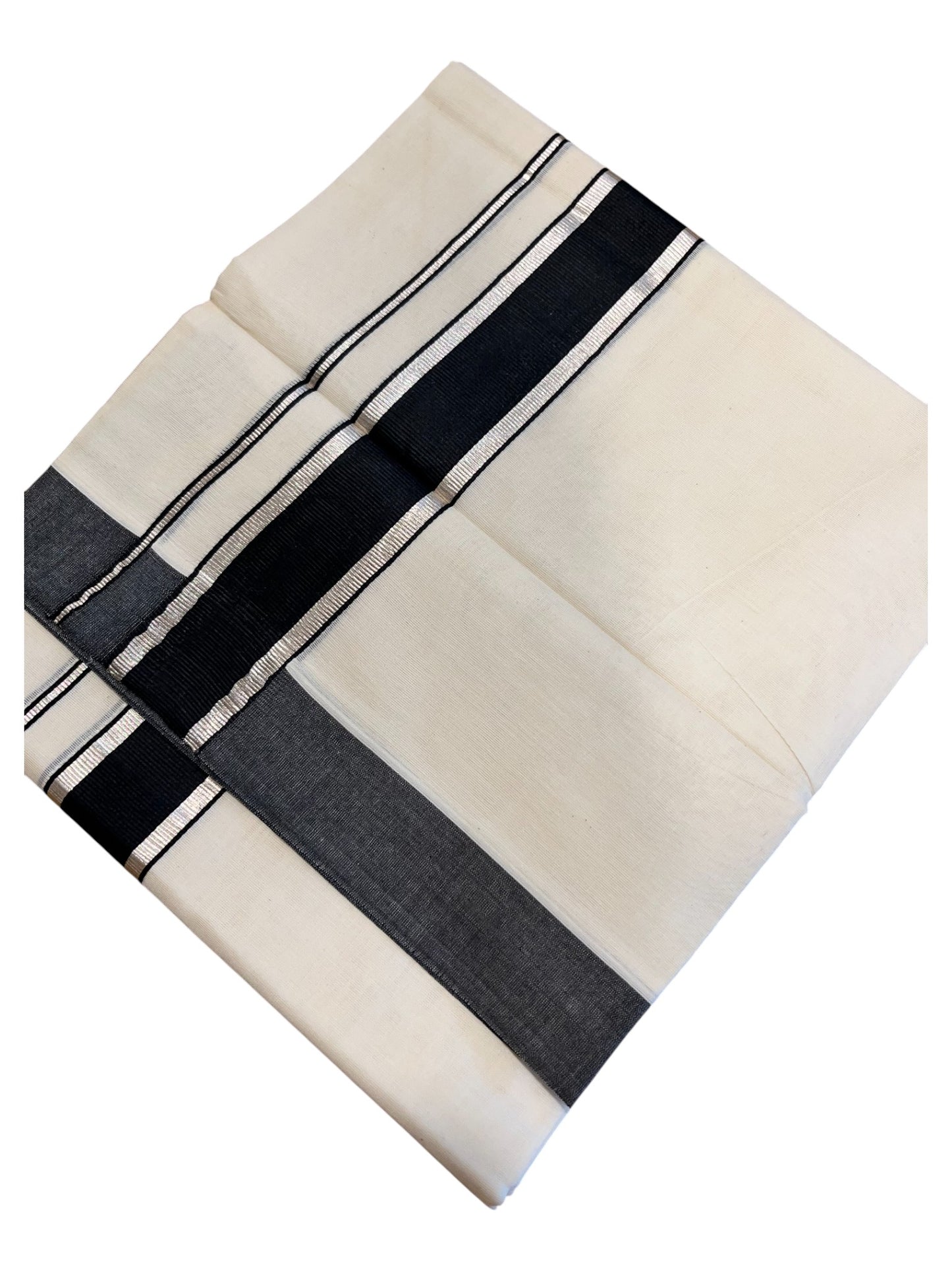 Southloom Pure Cotton Double Mundu With Silver Kasavu & Black Border (South Indian Kerala Dhoti)