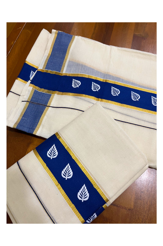Kerala Cotton Single Set Mundu (Mundum Neriyathum) with Leaf Block Prints on Blue and Kasavu Border - 2.60Mtrs