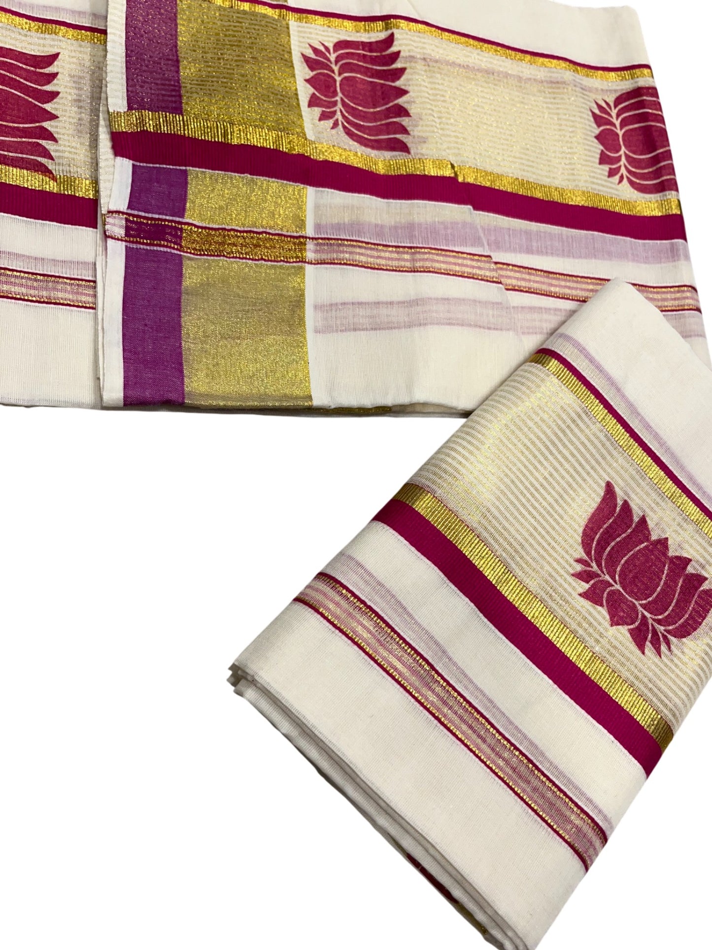 Southloom Kerala Cotton Kasavu  Set Mundu (Mundum Neriyathum) with Pink Lotus Prints