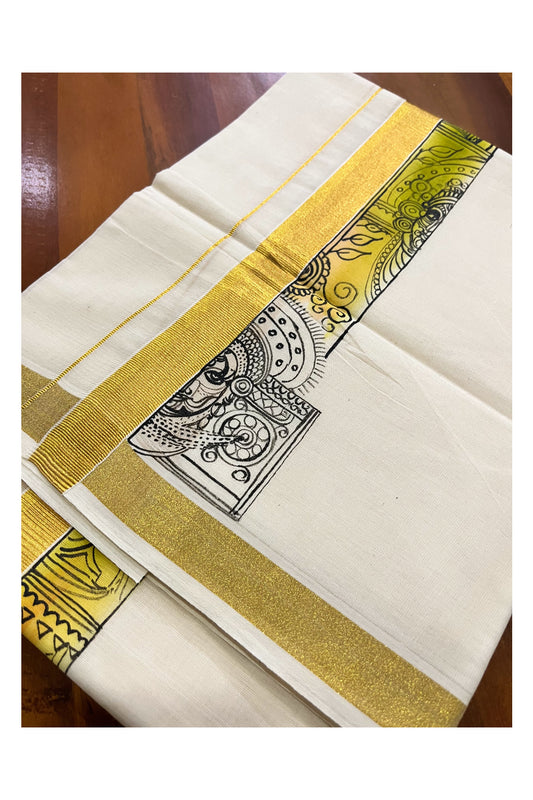 Pure Cotton Kerala Double Mundu with Kathakali Hand Painted Designs on Kasavu Border (Vishu Collection 2024)