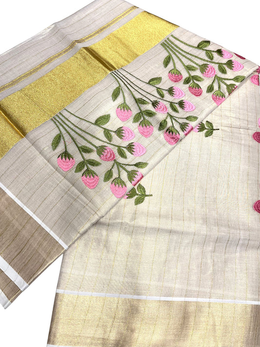 Southloom Tissue Kerala Kasavu Saree with Floral Embroidery Design