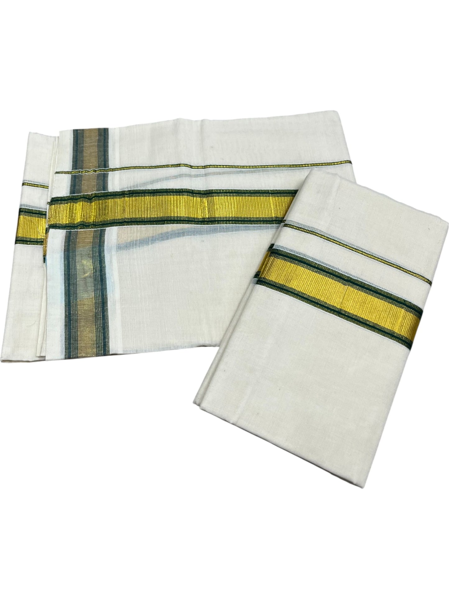 Kerala Cotton Set Mundu (Mundum Neriyathum) with Kasavu and Dark Green Border 2.80 Mtrs SLKK SL470