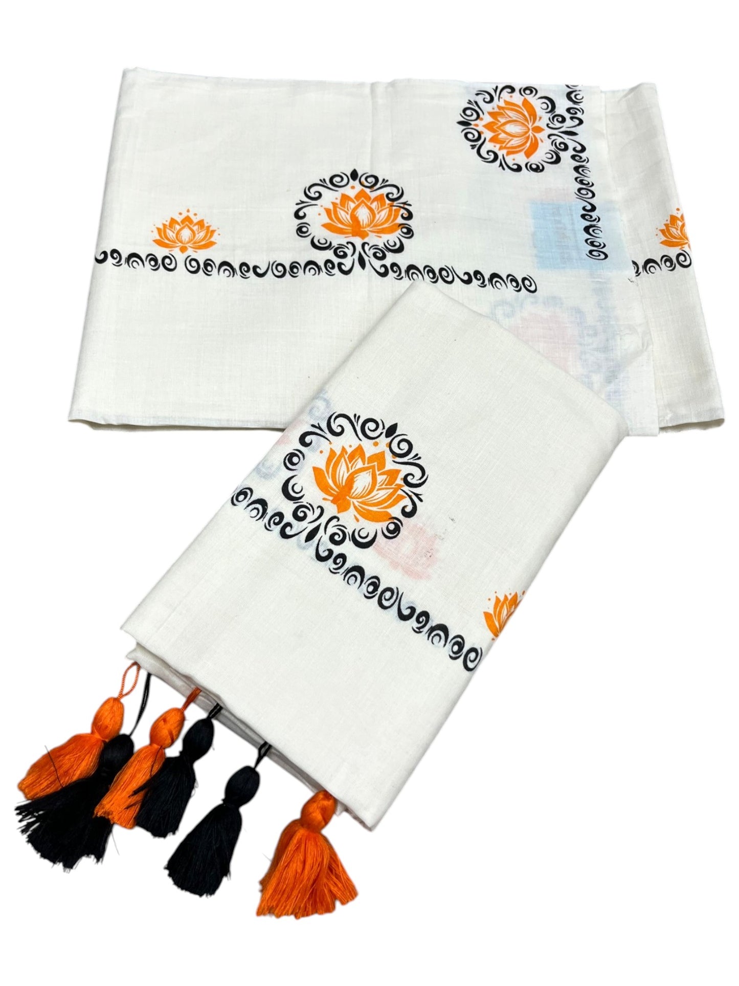 Southloom Kerala Cotton Single Set Mundu (Mundum Neriyathum) with Orange&Black Lotus Block Printed Design