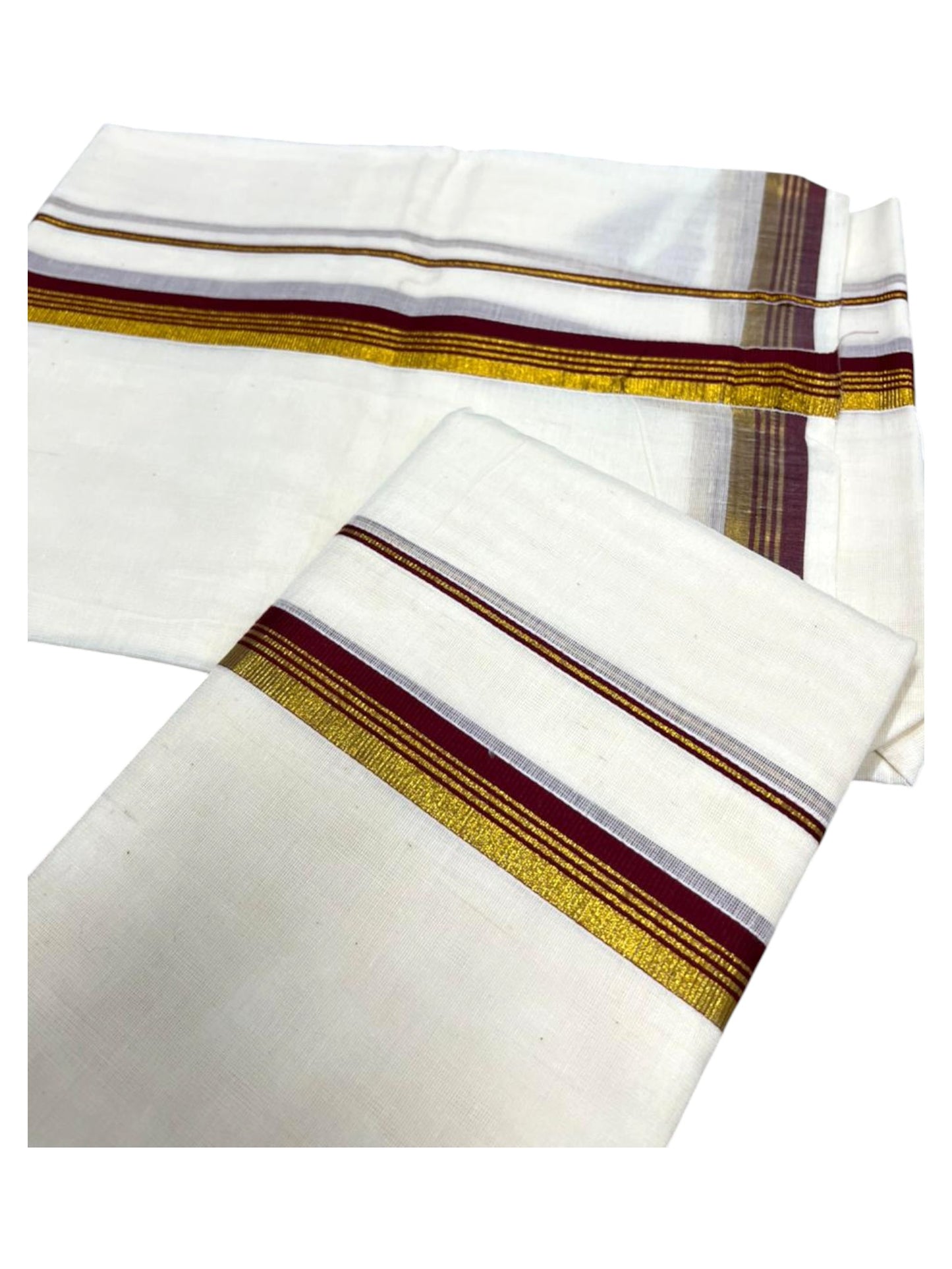 Pure Cotton Kerala Single Set Mundu (Mundum Neriyathum) with Maroon Kasavu Border in 2.80 Mtrs