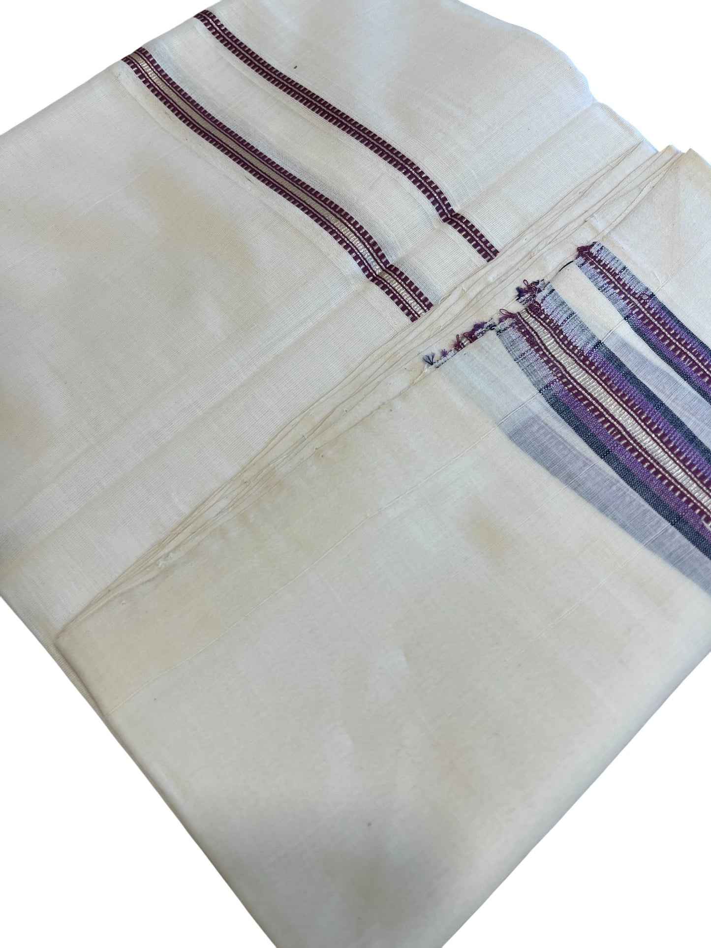 Southloom Premium Handloom Cotton Double Mundu with Silver and Purple Border