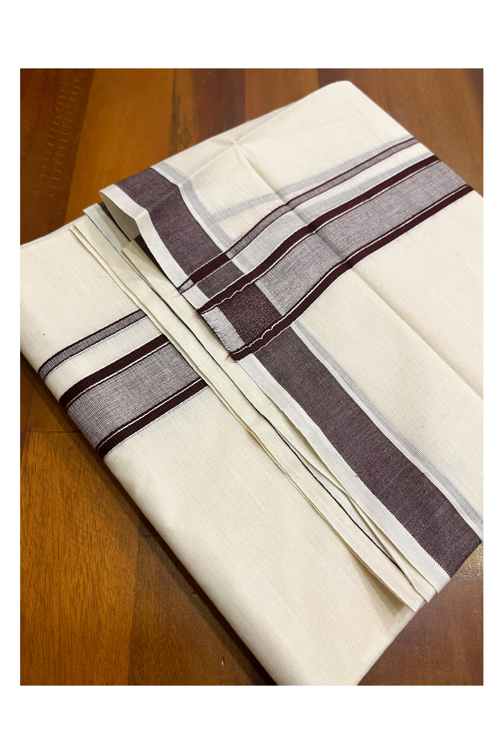 Kerala Pure Cotton Double Mundu with Brown and Silver Kasavu Line Border (South Indian Kerala Dhoti)