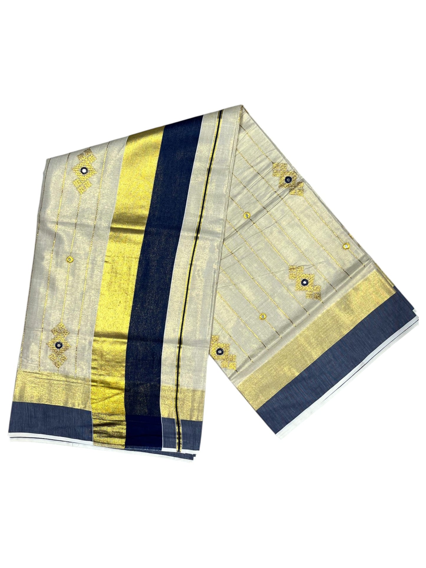 Southloom Kerala Tissue Kasavu Lines Saree with Golden And Blue Embroidery Works