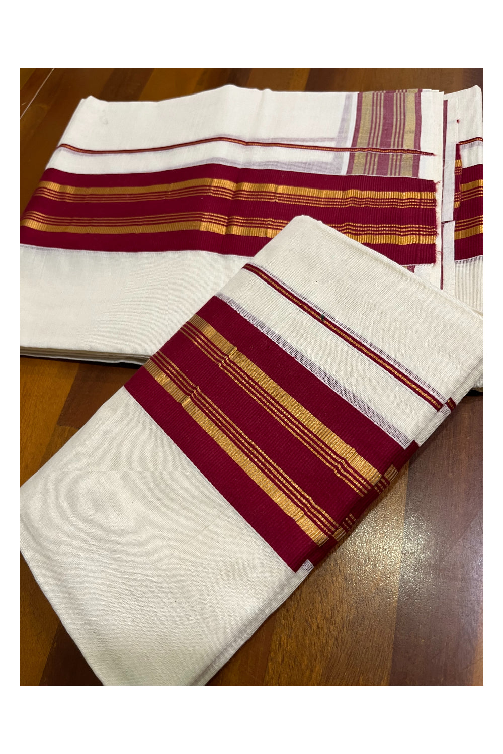 Southloom Kerala Cotton Set Mundu (Mundum Neriyathum) with Maroon and Kasavu Border 2.80 Mtrs SLKK
