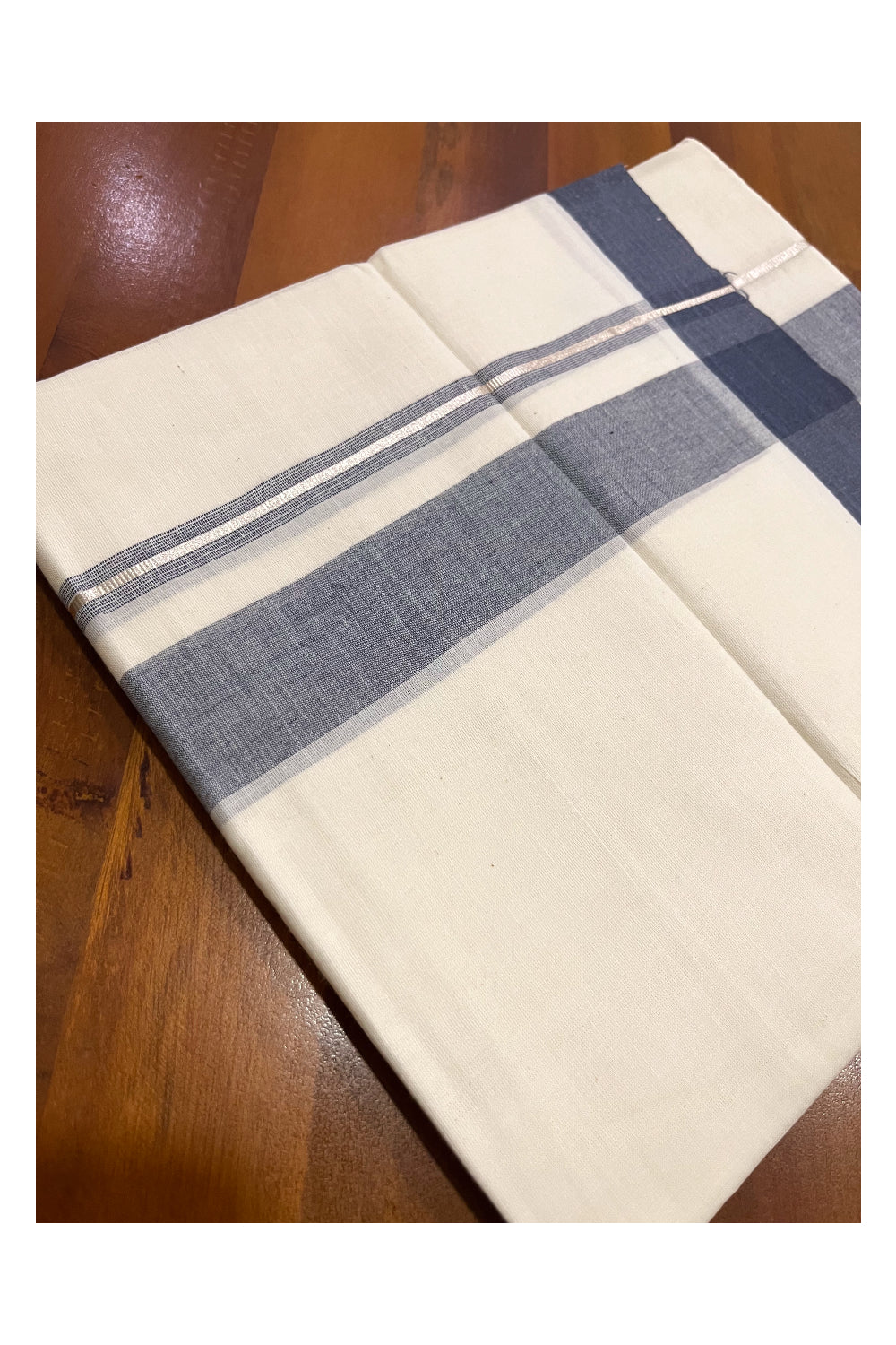 Pure Cotton Kerala Double Mundu with Grey and Kasavu Line Chutti Border (South Indian Kerala Dhoti)