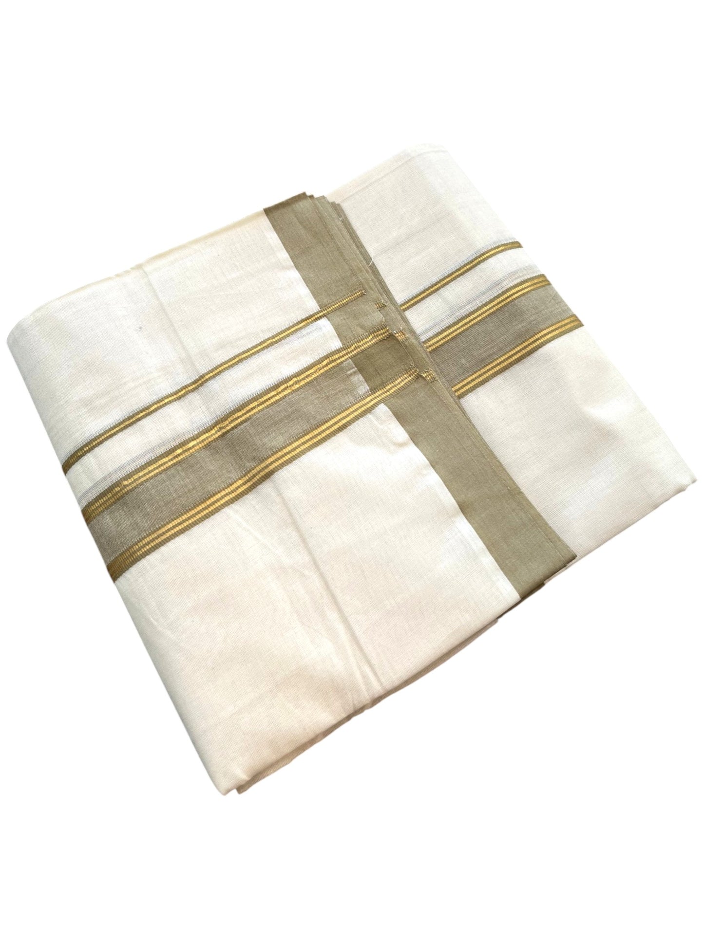 Southloom Pure Cotton Mundu with Golden Lines and Olive Green Border (South Indian Kerala Dhoti)