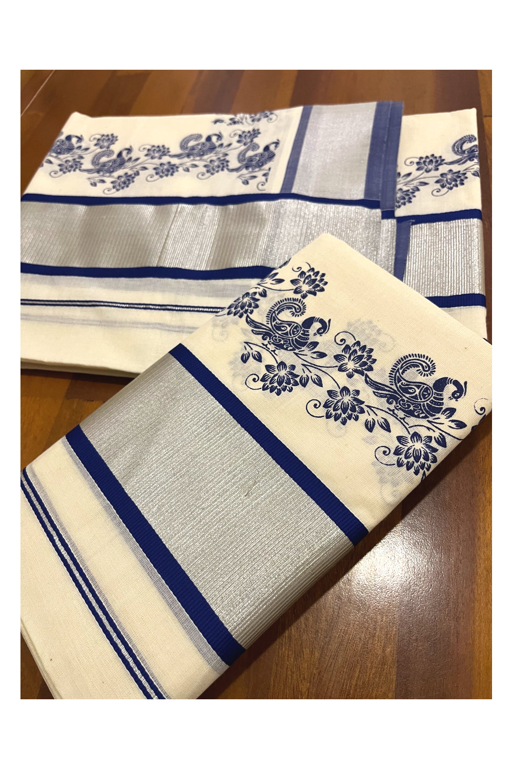 Pure Cotton Kerala Single Set Mundu (Mundum Neriyathum) with Blue Block Printed Silver Kasavu Border