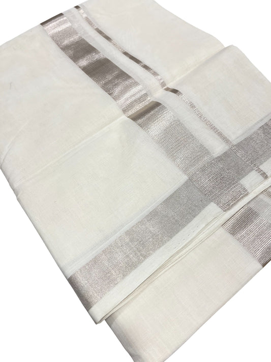 Southloom Premium Handloom Cotton Double Mundu with Silver Kasavu Border