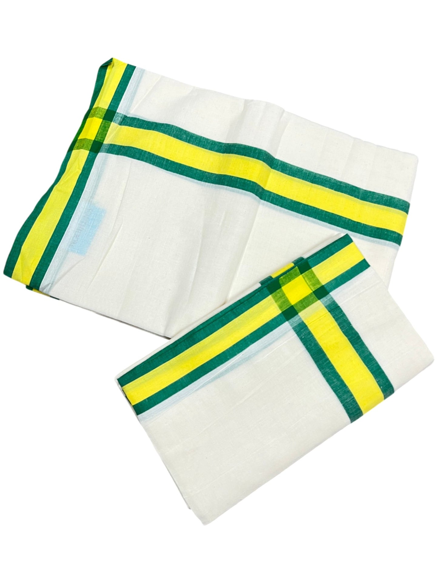Southloom Pure Cotton Kerala Single Mulloth Set Mundu (Mundum Neriyathum) Green And Yellow Border in 2.80 mtrs SL243