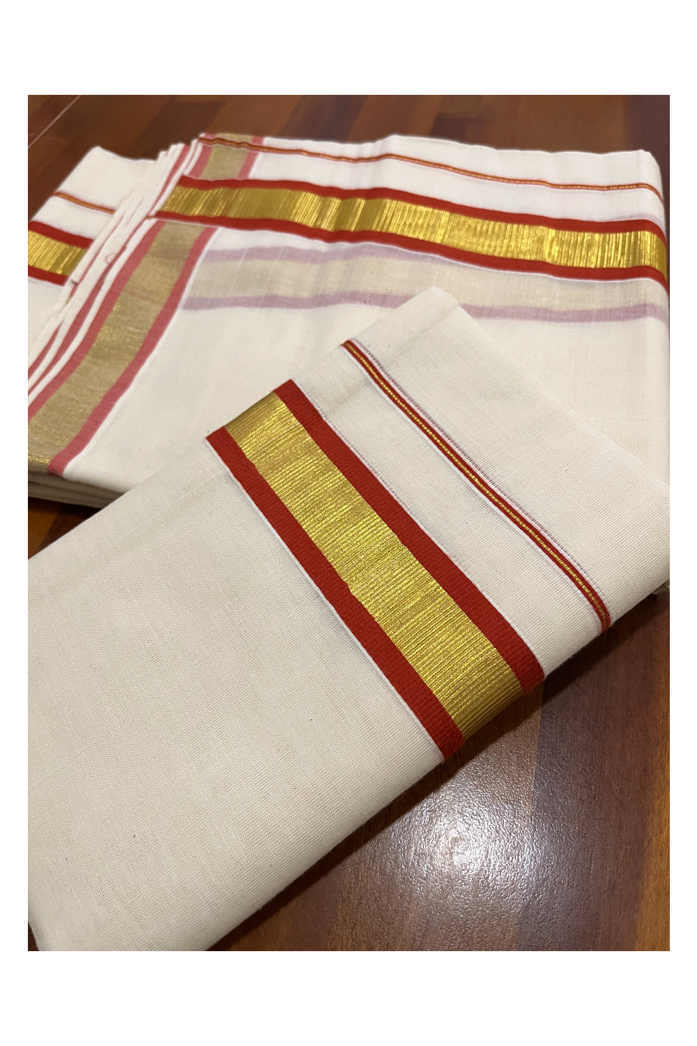 Pure Cotton Mundum Neriyathum Double (Set Mundu) with Orange and Kasavu Border 2.80 Mtrs