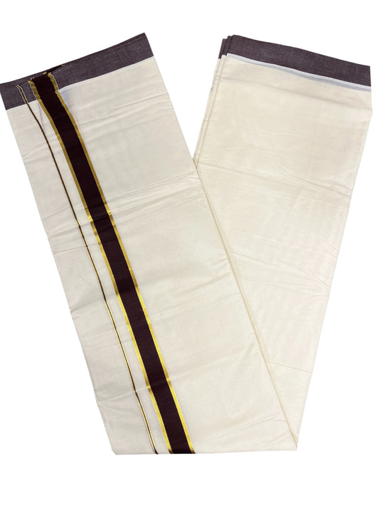 Southloom Pure Cotton Mundu with Gold Kasavu and Brown Colour Border (South Indian Kerala Dhoti)