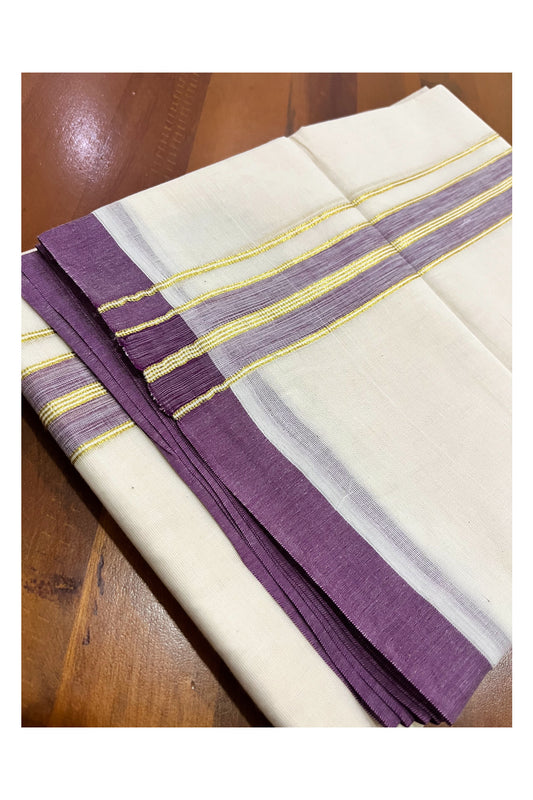 Cotton Double Mundu with Purple and Kasavu Kara (South Indian Kerala Dhoti)