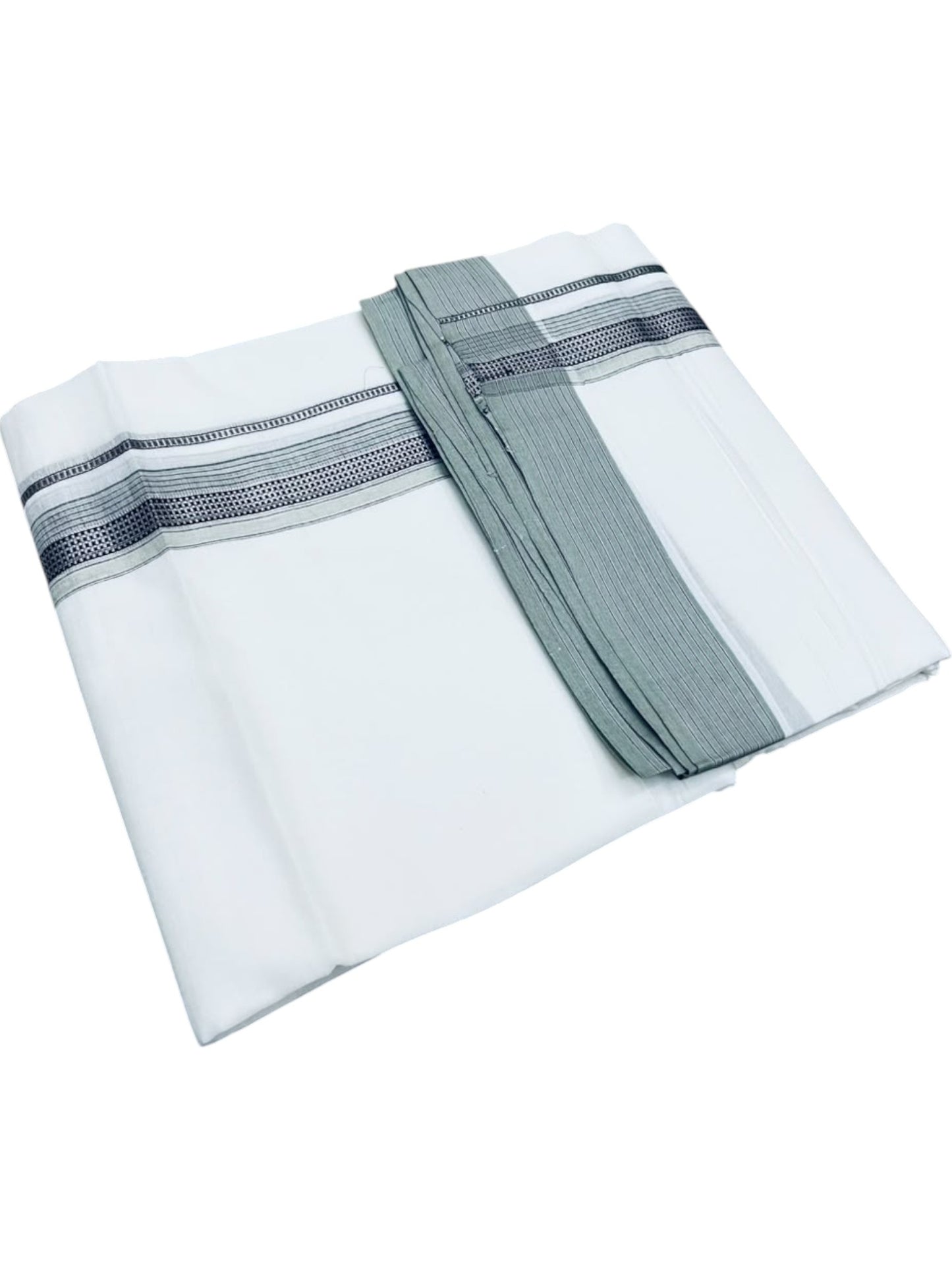 Southloom White Cotton Mundu with Light Green & Silver Line Border (South Indian Kerala Dhoti)