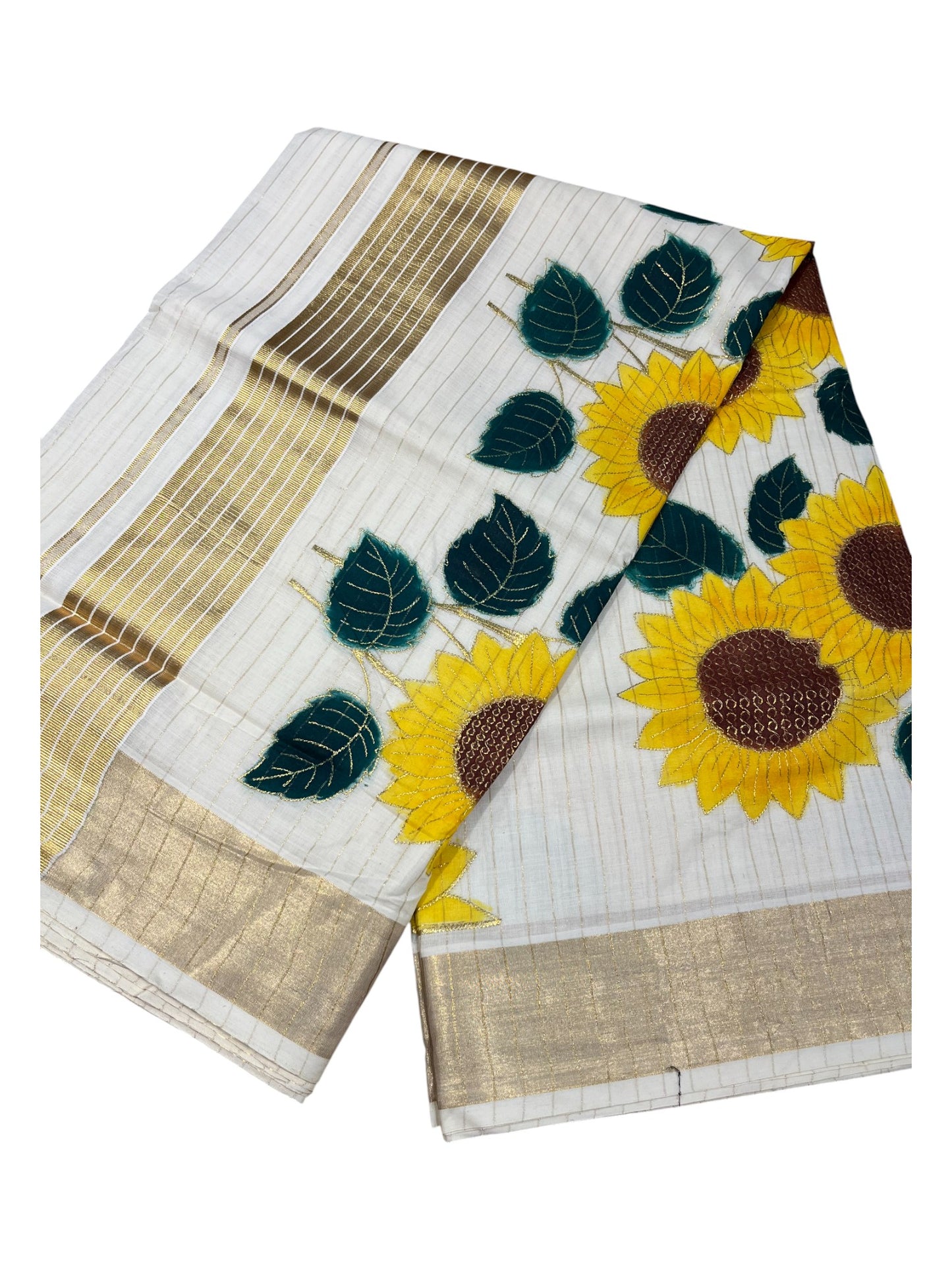 Southloom Kerala Cotton Kasavu Lines Saree with Embroidery Wor in Yellow Floral Print