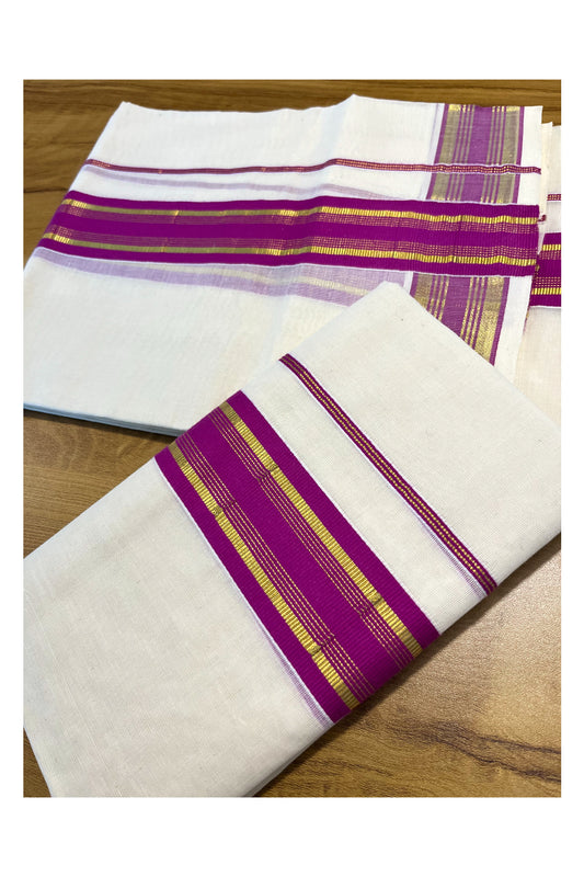 Kerala Cotton Set Mundu (Mundum Neriyathum) with Kasavu and Magenta Border 2.80 Mtrs