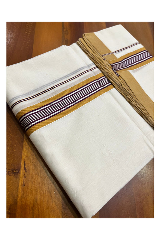 Premium Balaramapuram Handloom Unakkupaavu Cotton Double Mundu with Silver Kasavu Yellow and Purple Border (Vishu 2024 Collection)