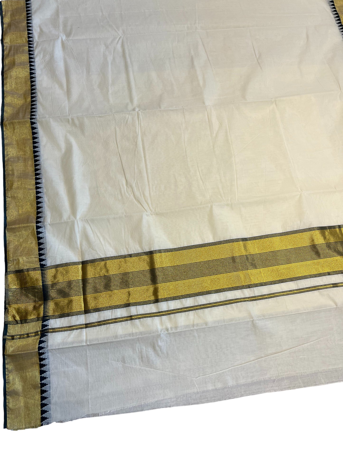 Southloom Pure Cotton Kerala Kasavu Saree with Green Temple Border