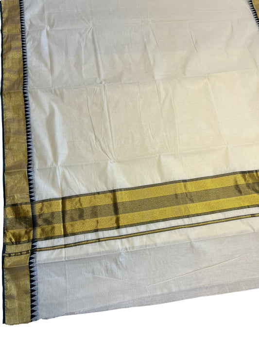 Southloom Pure Cotton Kerala Kasavu Saree with Green Temple Border