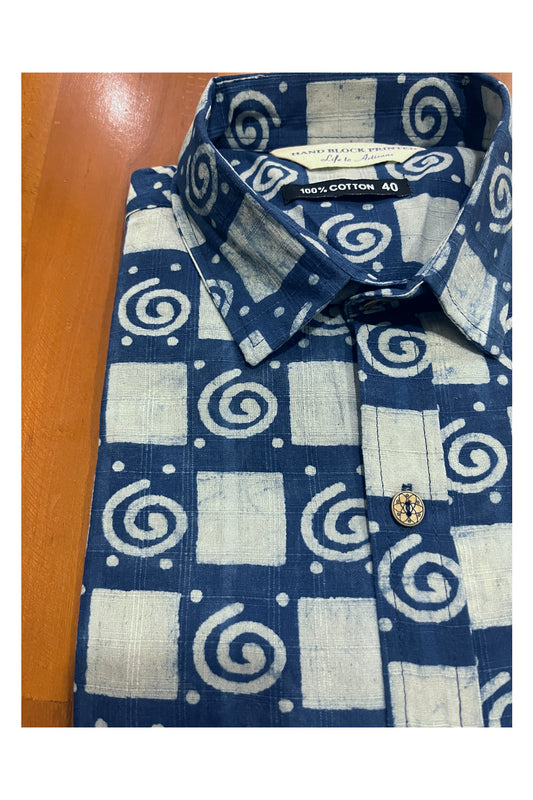 Southloom Jaipur Cotton Indigo Blue Hand Block Printed Shirt (Half Sleeves)