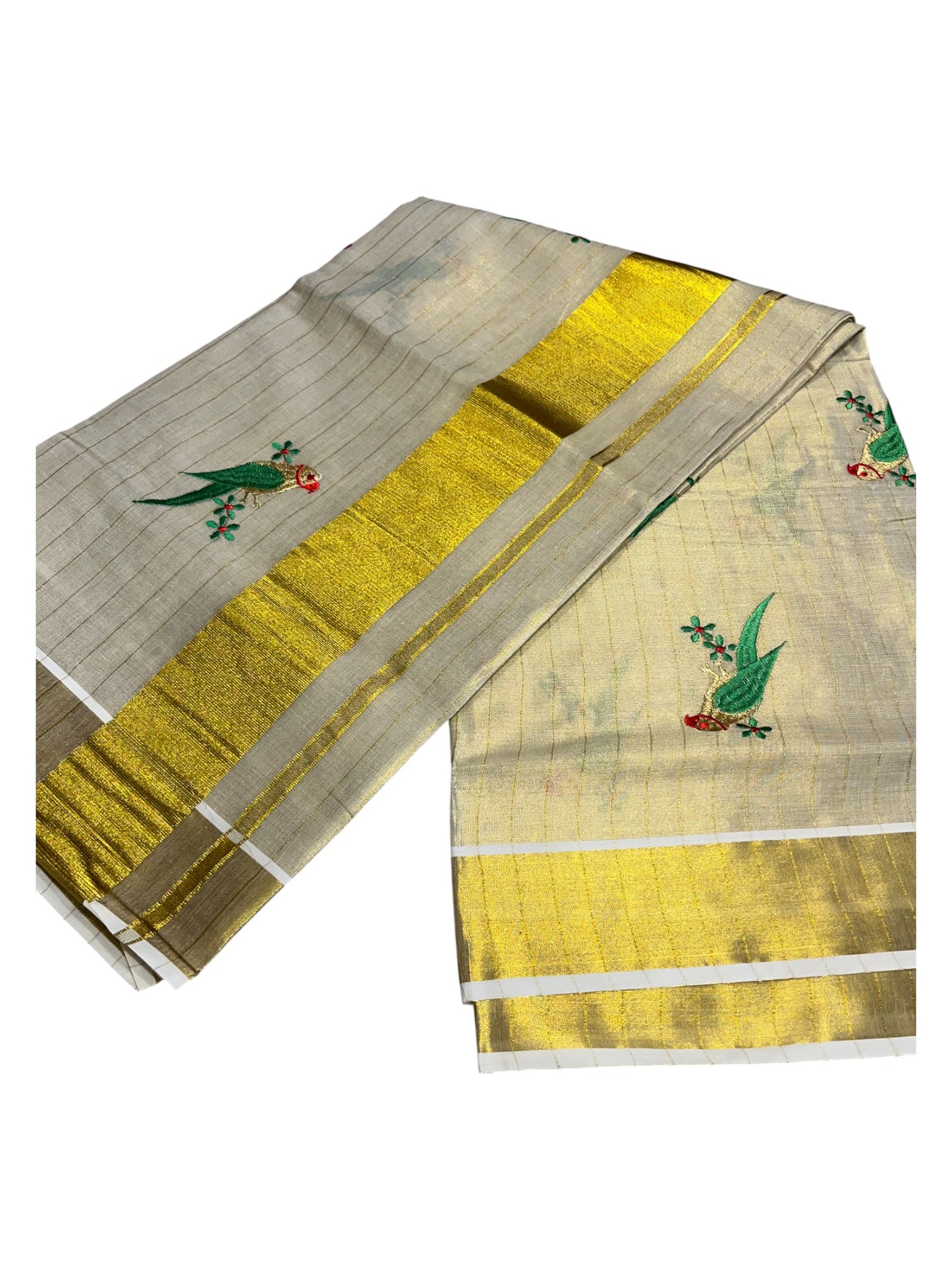 Southloom Kerala Tissu Kasavu Saree with Parrot Embroidery Works