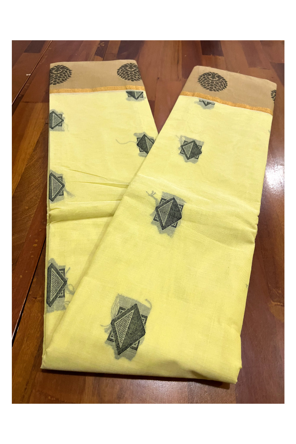 Southloom Cotton Yellow Saree with Woven Works on Body and Brown Border