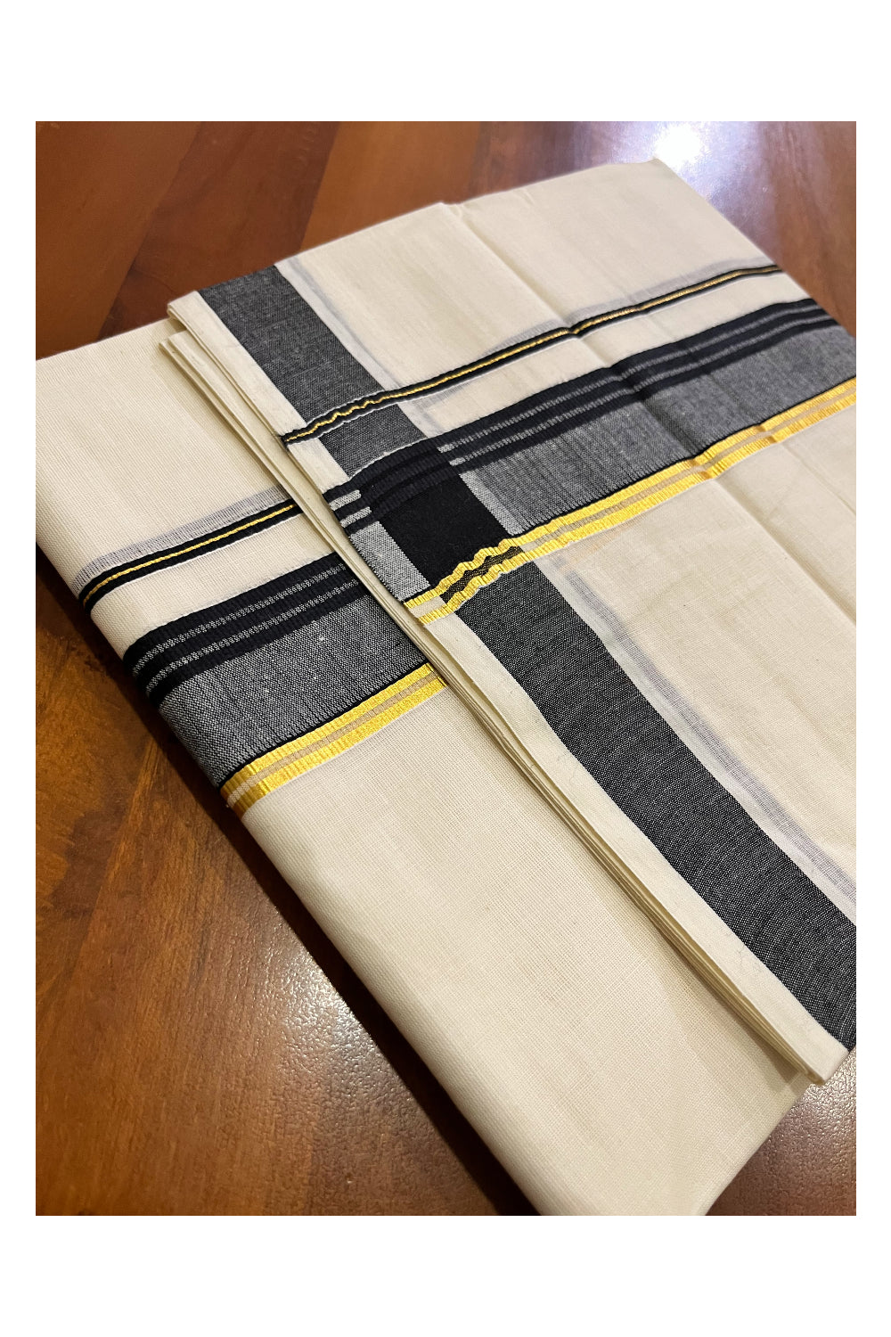 Off White Kerala Cotton Double Mundu with Kasavu and Black Border (South Indian Kerala Dhoti)