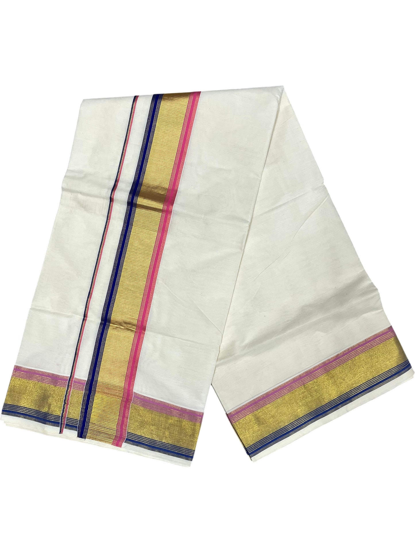 Southloom Kerala Cotton Kasavu Saree with Blue And Pink Border