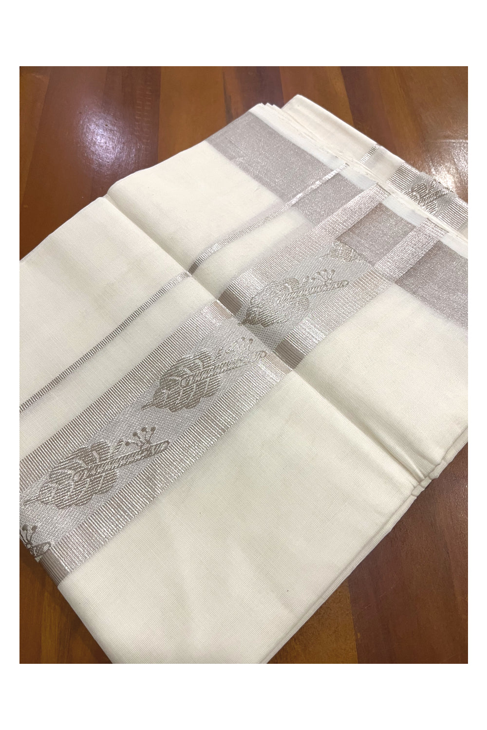 Southloom Premium Handloom Pure Cotton Mundu with Silver Kasavu Woven Border (Onam Mundu 2023)