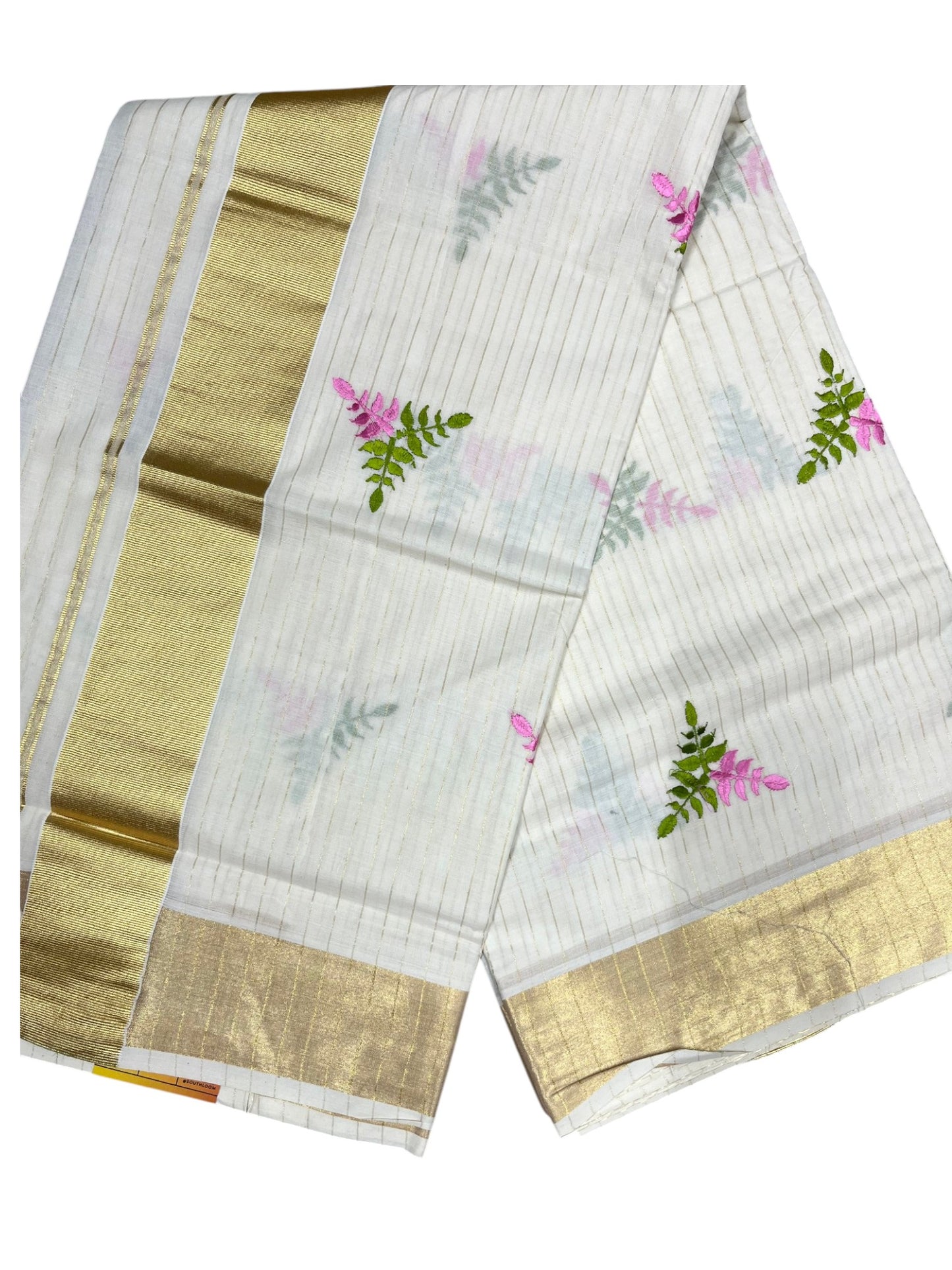 Southloom Kerala Cotton Kasavu Stripes Saree with Floral Embroidery Design in Pink and Green