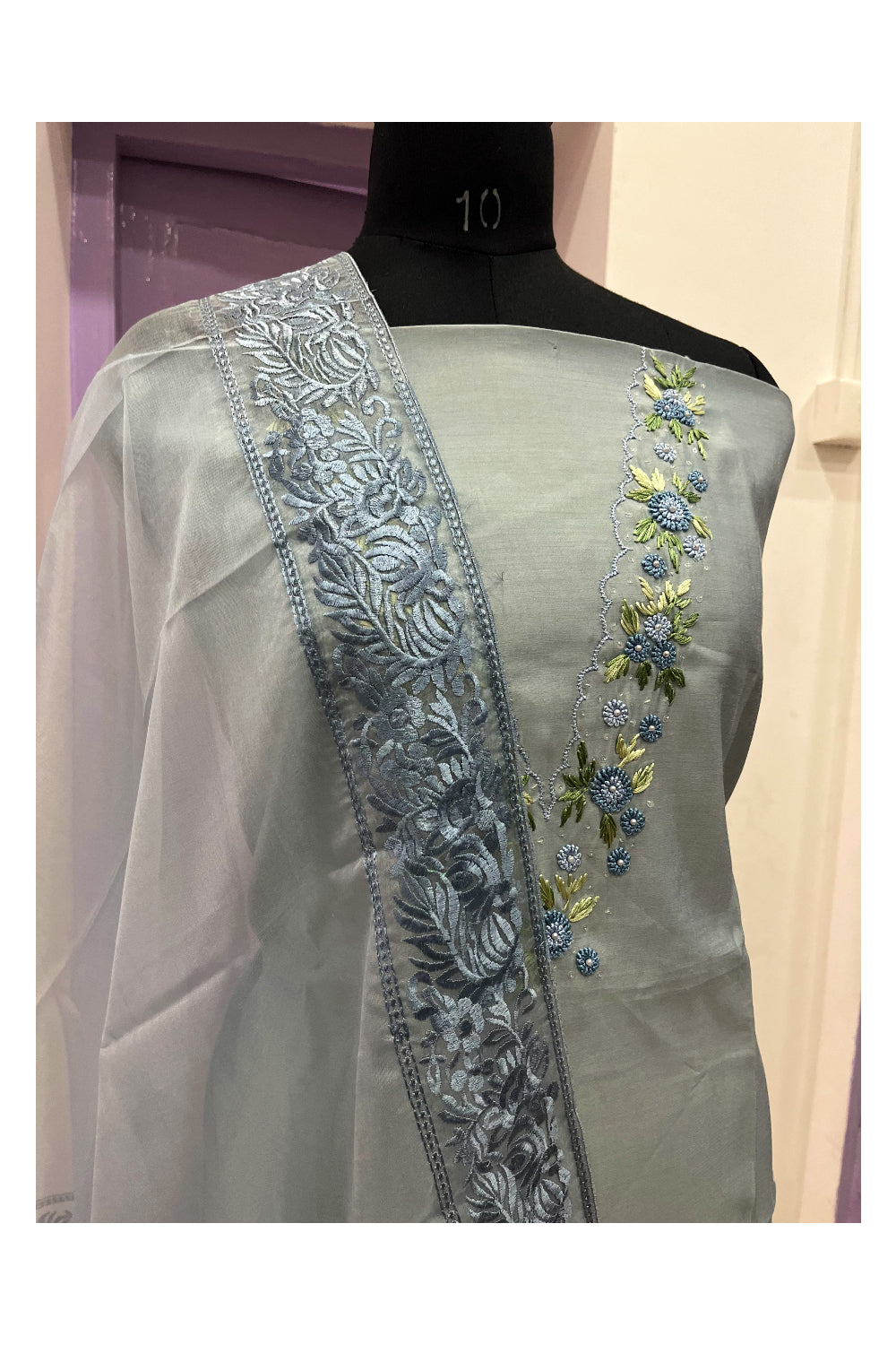 Southloom™ Semi Silk Churidar Salwar Suit Material in Grey with Floral Embroidered Designs