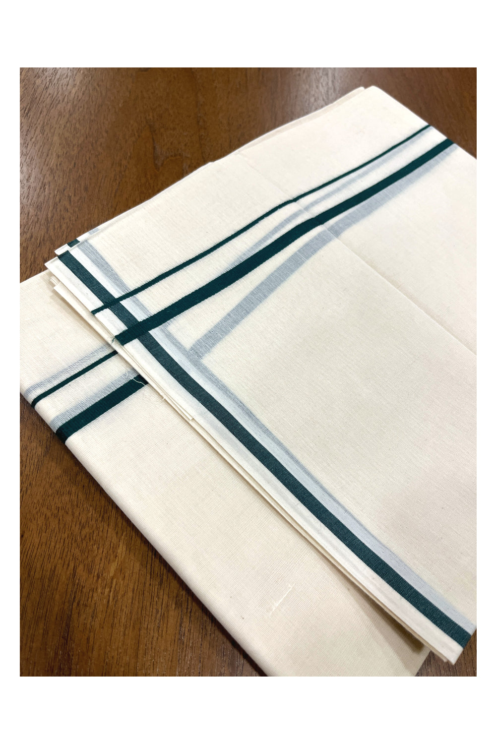 Pure Cotton Double Mundu with 0.5 inch Green Border (South Indian Kerala Dhoti)