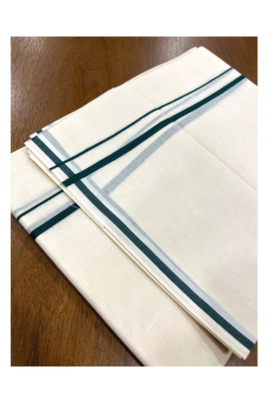 Pure Cotton Double Mundu with 0.5 inch Green Border (South Indian Kerala Dhoti)