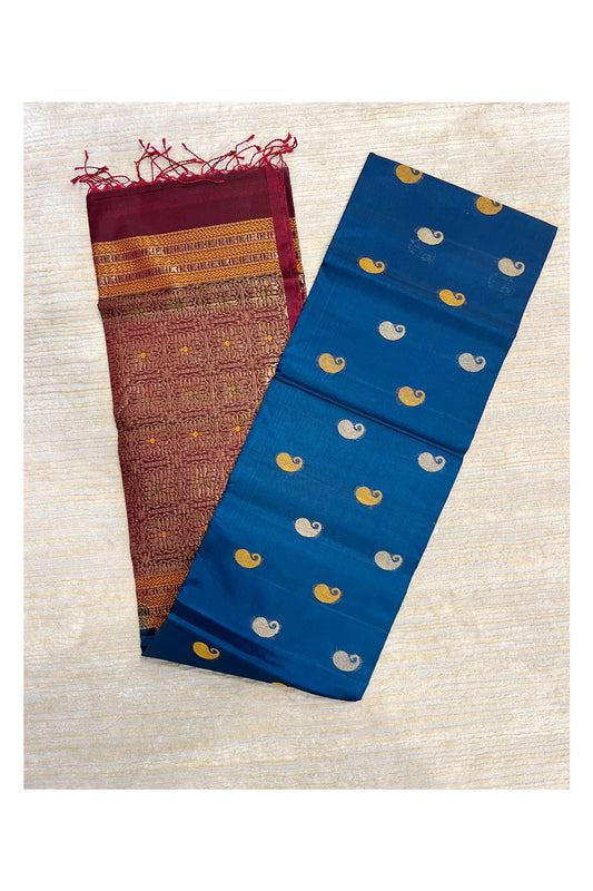 Southloom Pure Handloom Cotton Silk Saree With Handwoven Work Across Body and Blouse in Blue  And Maroon