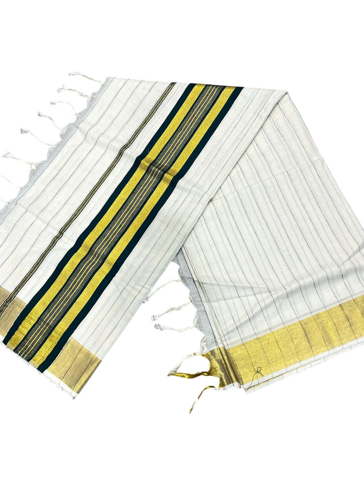Southloom Kerala Cotton Kasavu Saree with Gold And Green Lines on Body SL331