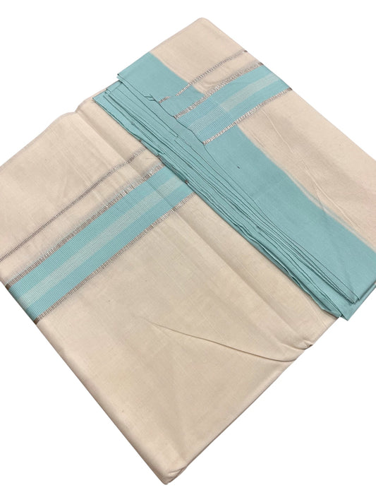 Southloom Kerala Pure Cotton Double Mundu with Silver Lines & Blue Border (South Indian Dhoti)