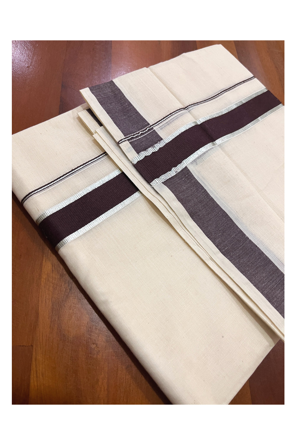 Pure Cotton Double Mundu with Silver Kasavu and Brown Kara (South Indian Kerala Dhoti)