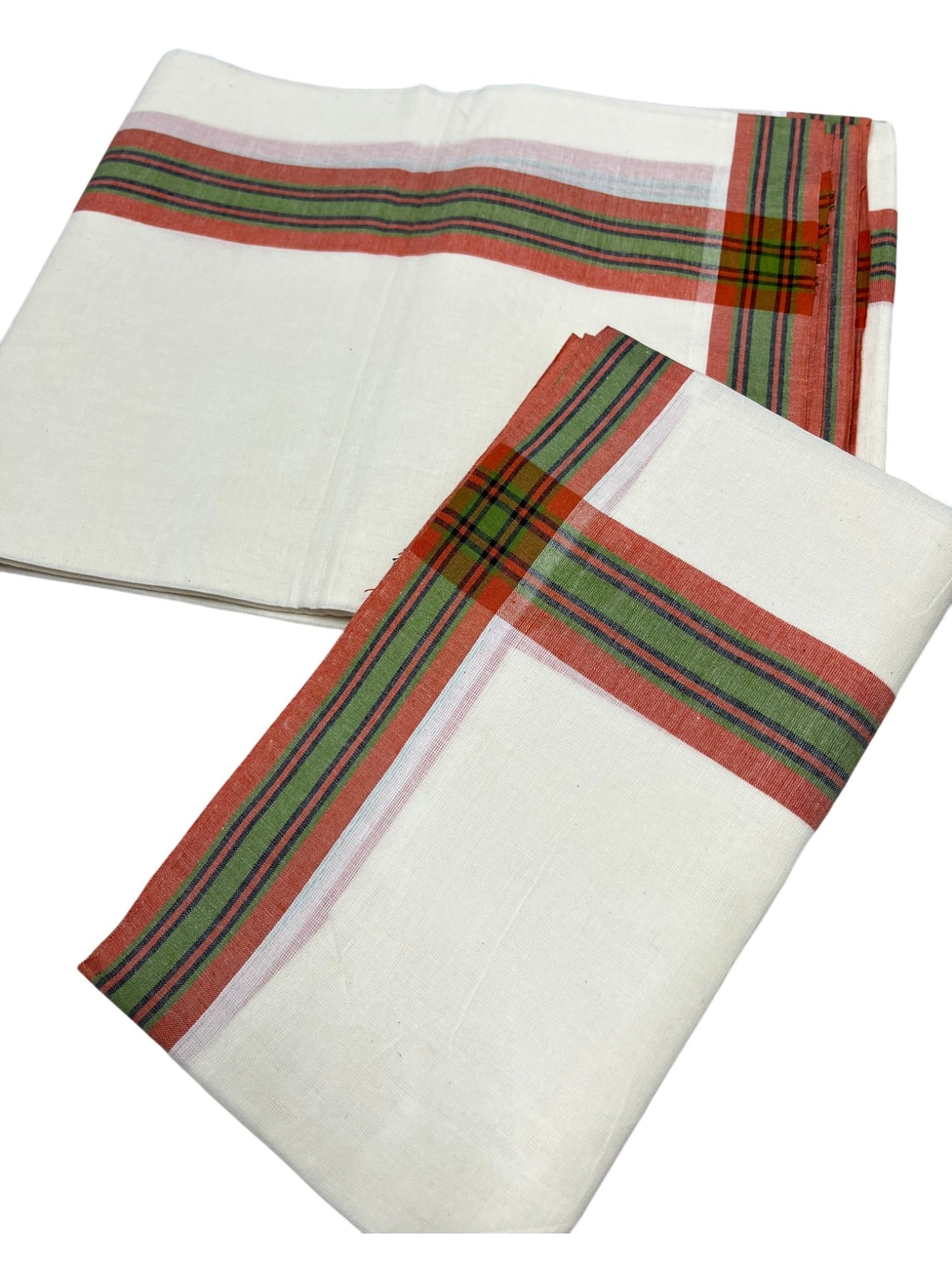 Southloom Pure Cotton Kerala Single Mulloth Set Mundu (Mundum Neriyathum) orange & Green Border in 2.50 mtrs SL243