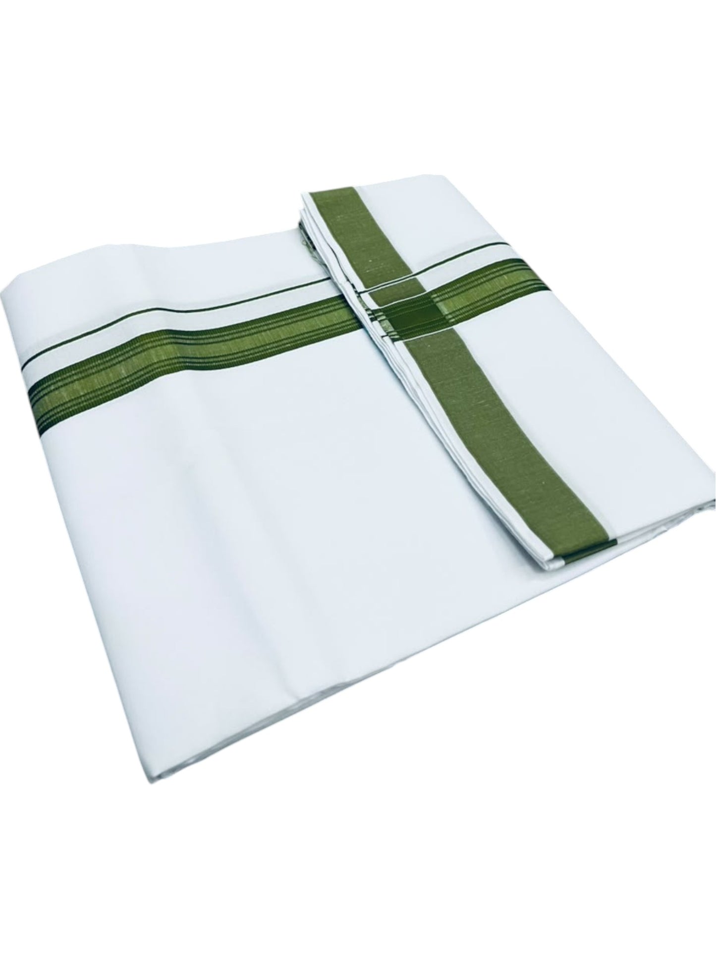 Southloom Pure White Single Cotton Mundu with Olive Green Border (South Indian Kerala Dhoti)