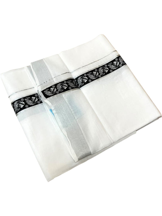 Southloom Pure White Cotton Mundu with Black and Silver Kasavu Border (South Indian Kerala Dhoti)